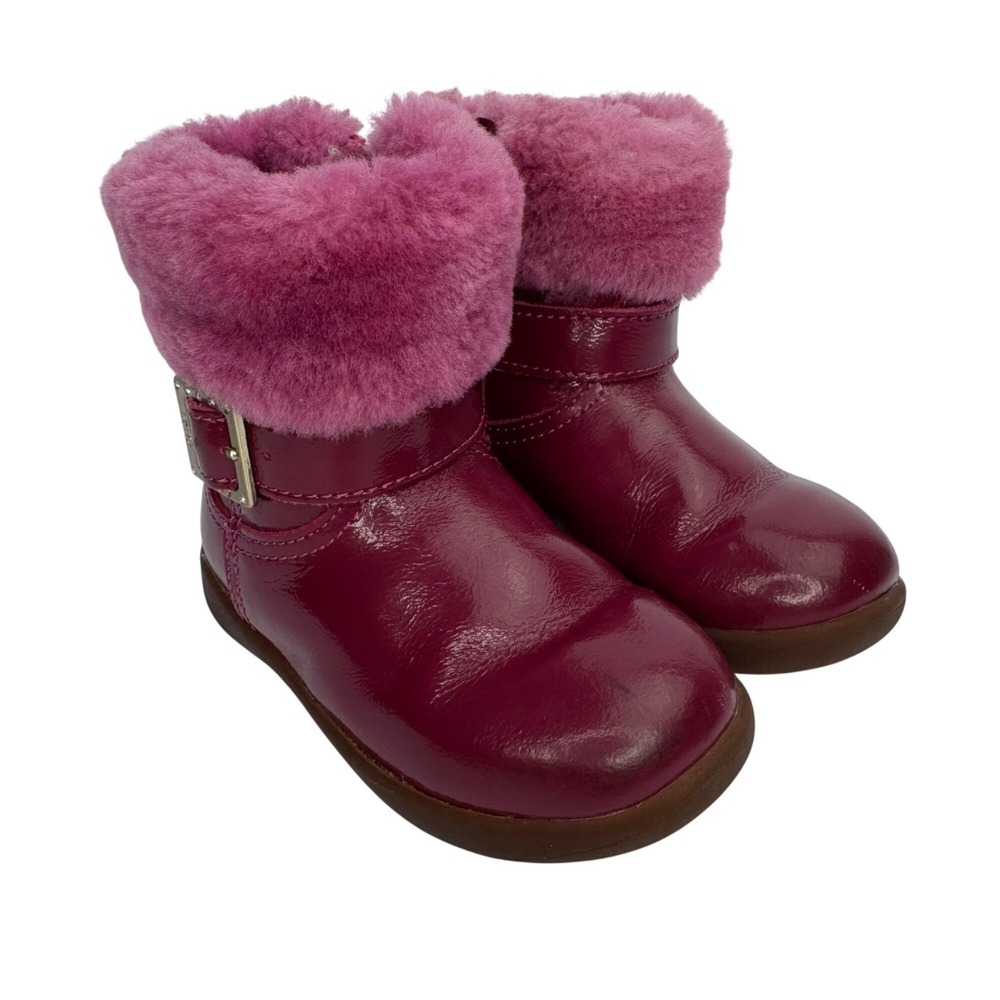 UGG Toddler Size 6.5‎ Gemma Pink Patent Leather Winter Boots Rhinestone Buckle